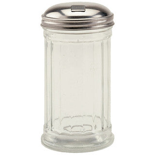 12 oz Sugar Shaker with Flap Lid - Glass and Stainless Steel
